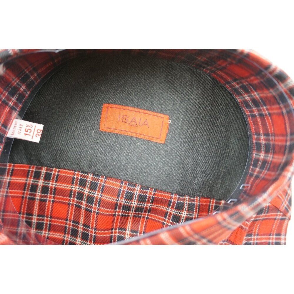 Isaia cherry Red Navy Flannel Plaid Long Sleeve Cotton Dress Shirt 15.5/39 NEW - Picture 3 of 5
